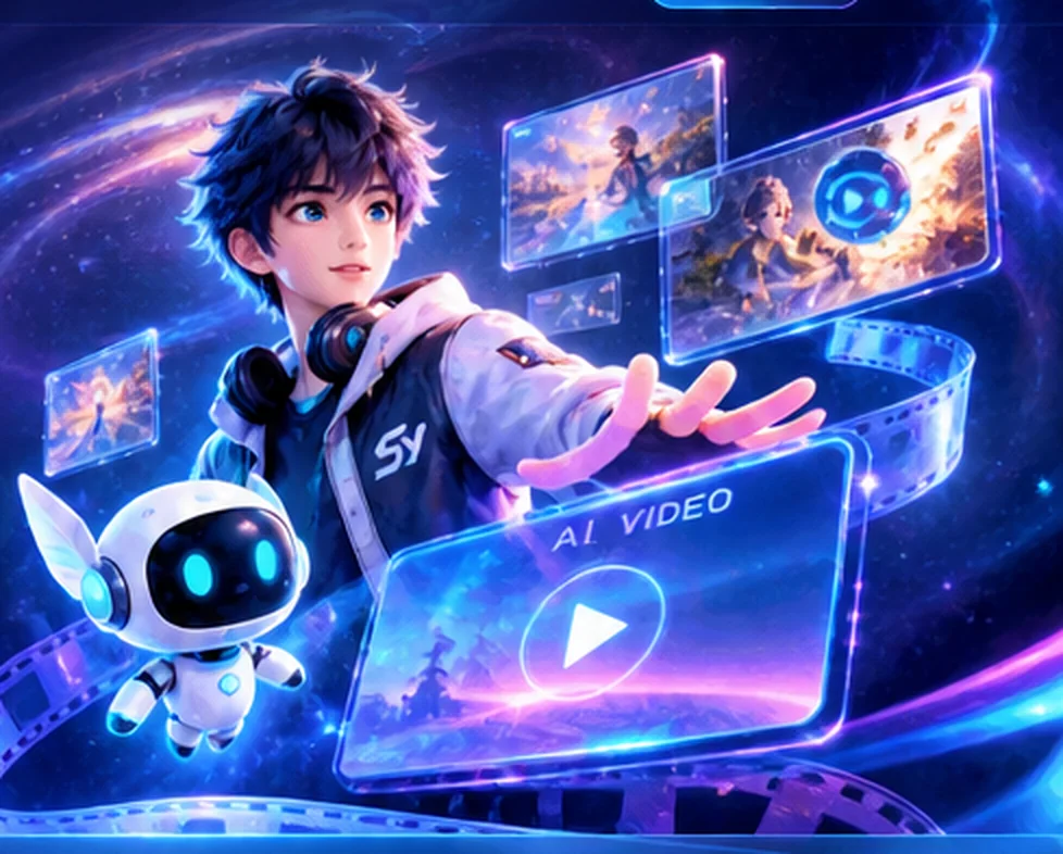 神悦人工智能品牌角色与 AI 视频创作视觉示意